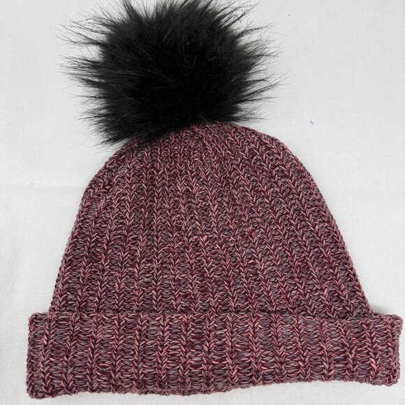 Love Your Melon Knit Beanie Faux Fur Pom Pom 100% Cotton Maroon Black Speckled - Picture 2 of 6